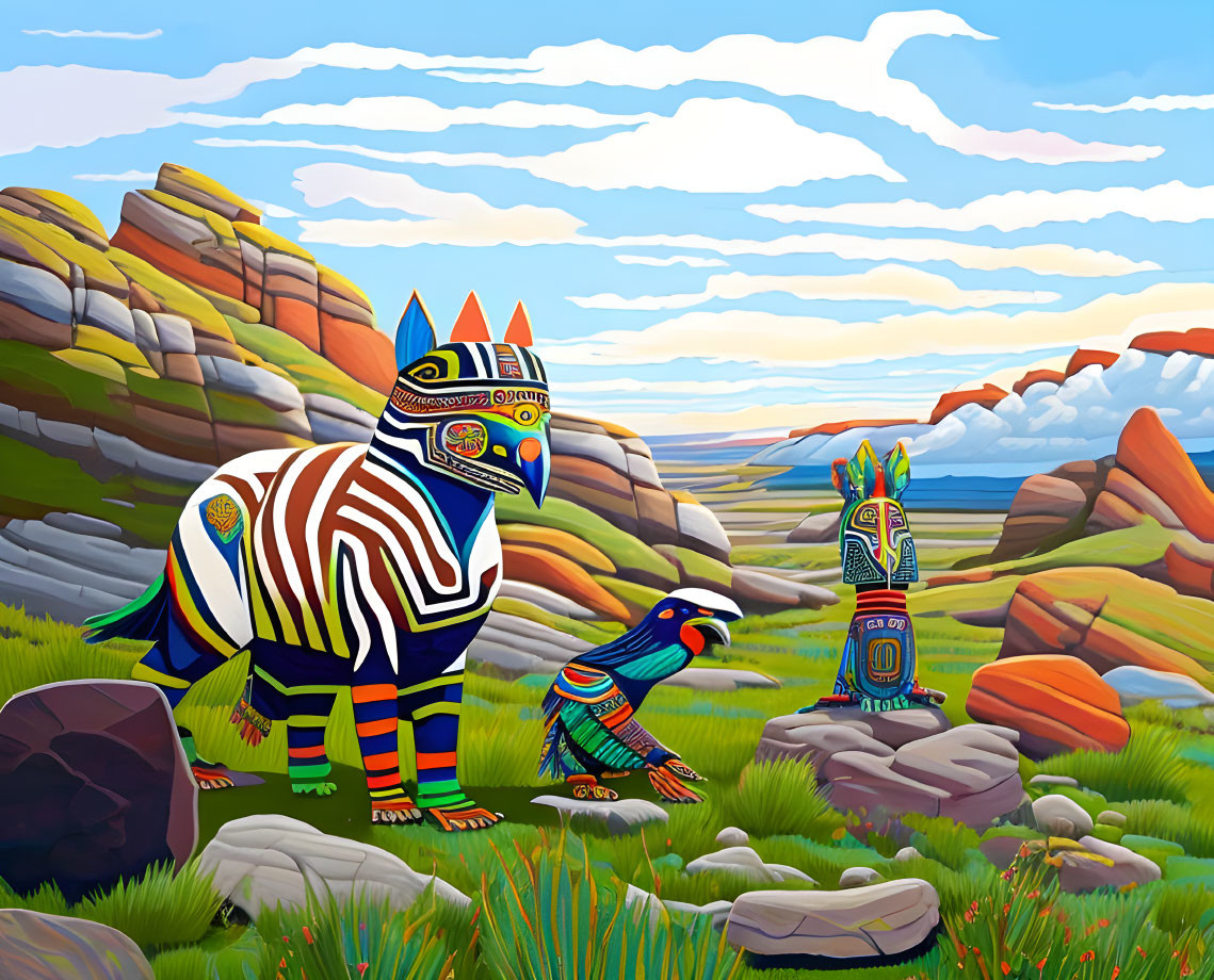 Vibrant painting of zebra and bird in colorful landscape