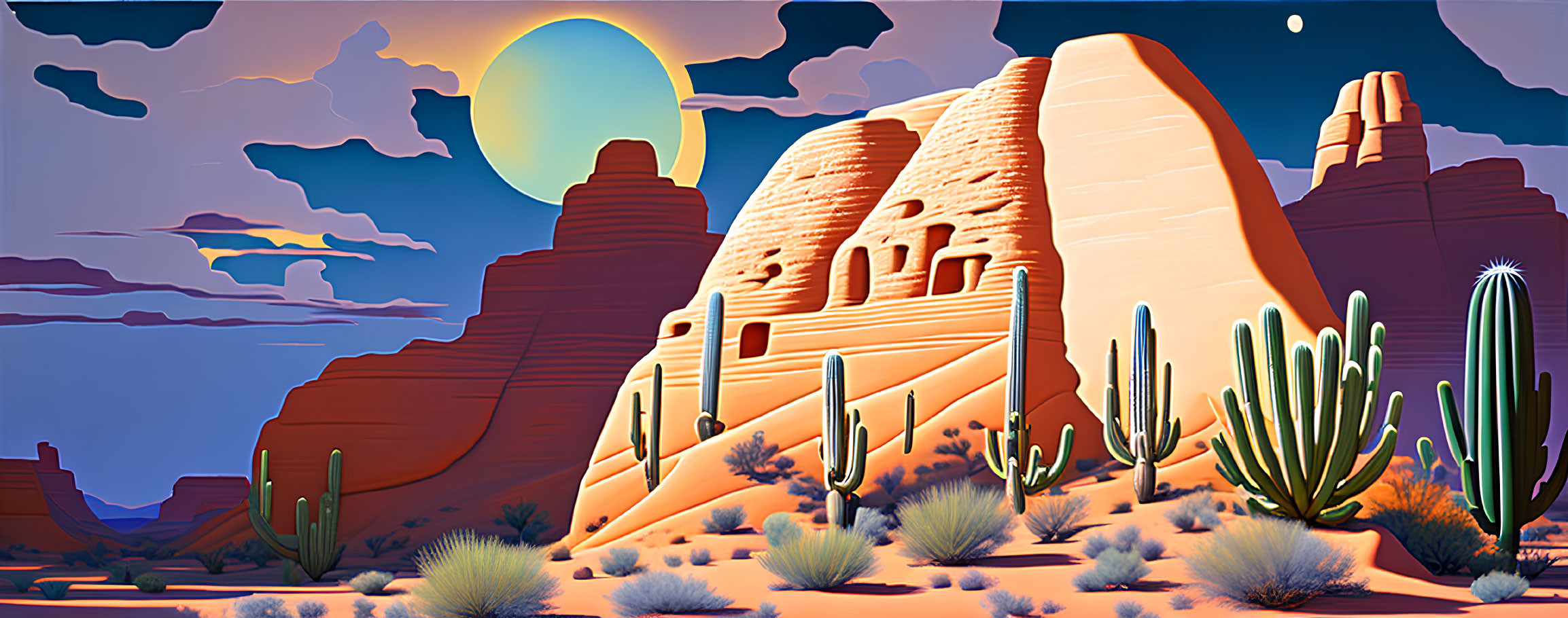 Desert landscape with cacti, adobe structures, and vivid sky