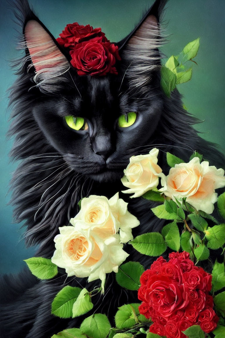 Black Cat with Green Eyes and Roses on Teal Background