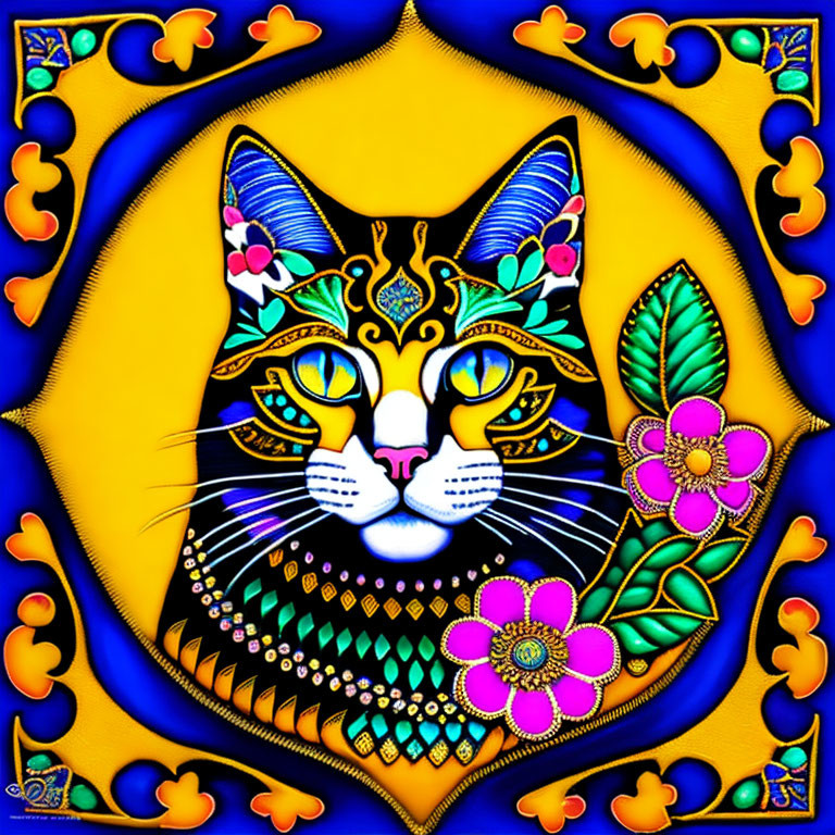 Colorful Stylized Cat Artwork with Floral Border