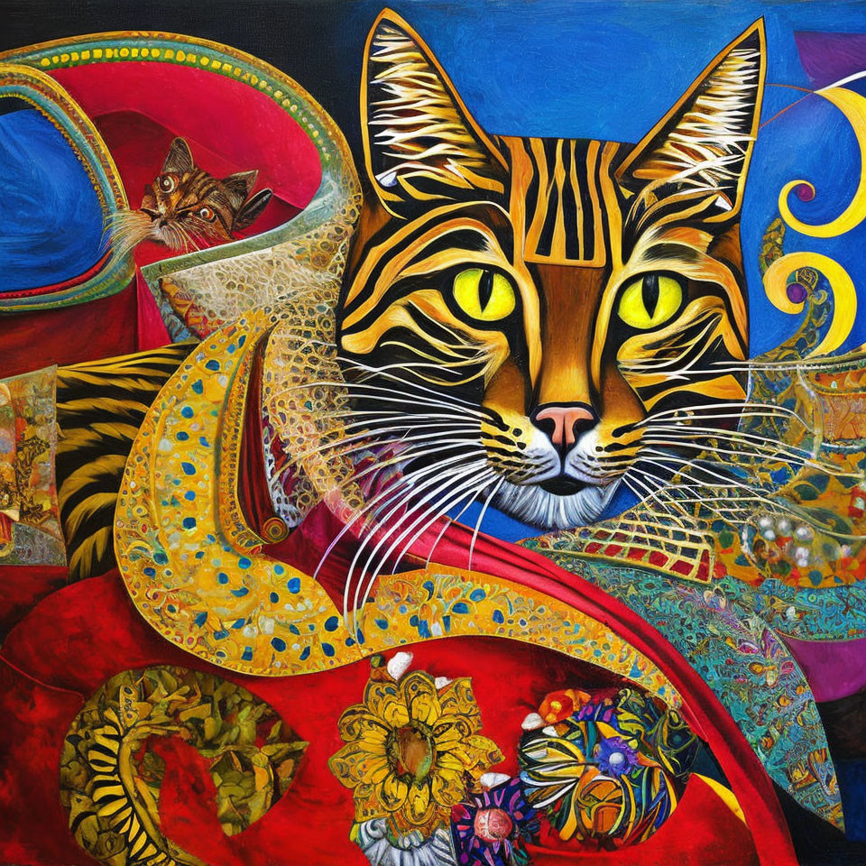 Colorful Stylized Cat Painting with Abstract Elements