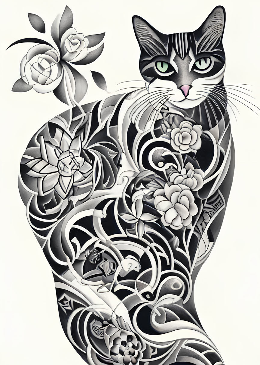 Detailed Monochrome Cat Illustration with Floral Patterns