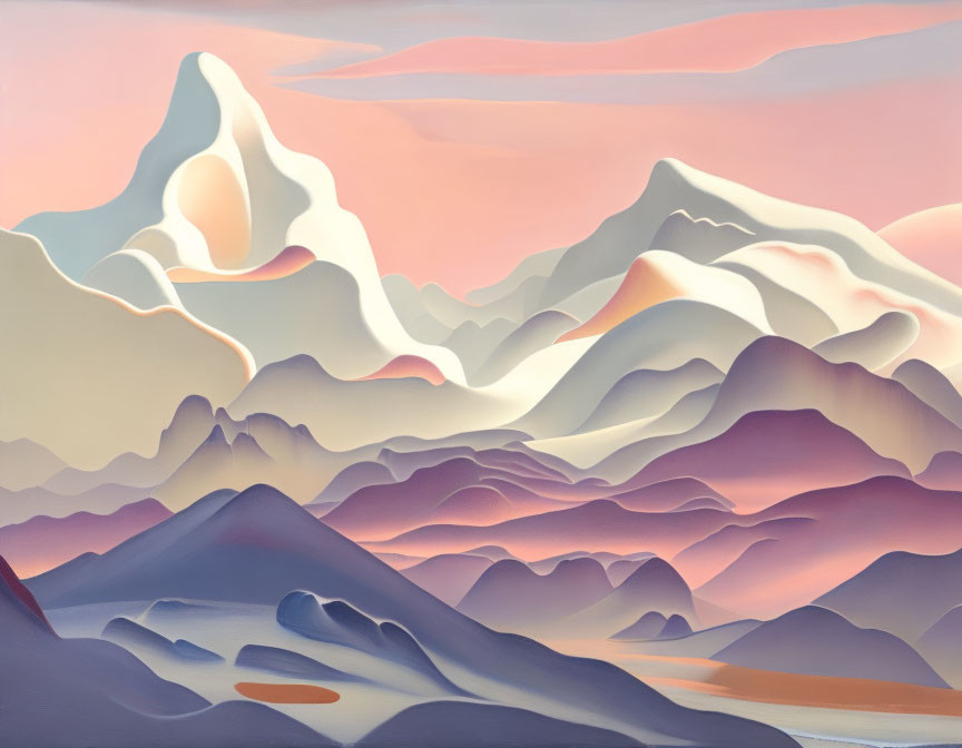 Pastel-colored landscape with layered mountains and glowing sky