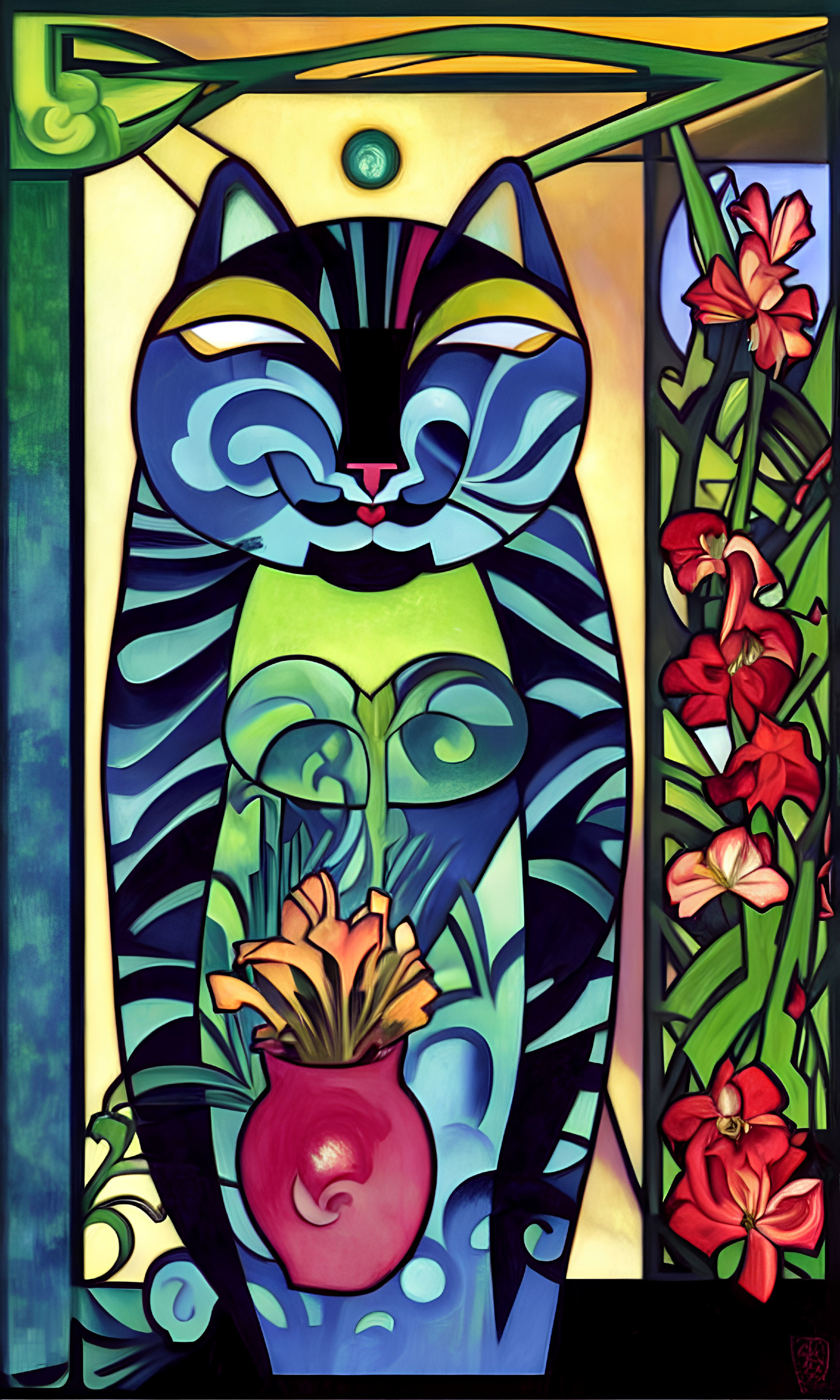 Colorful Cat and Floral Vase Artwork with Geometric Patterns