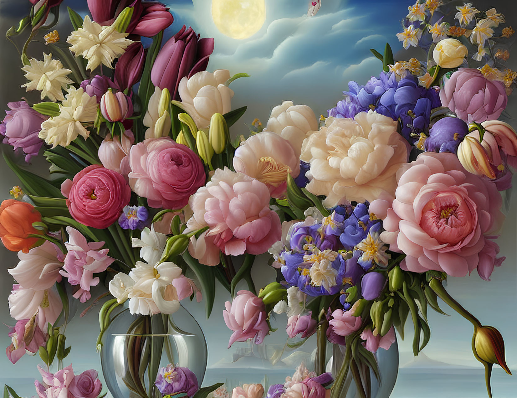 Assorted Blooming Flowers in Glass Vases with Sky and Moon