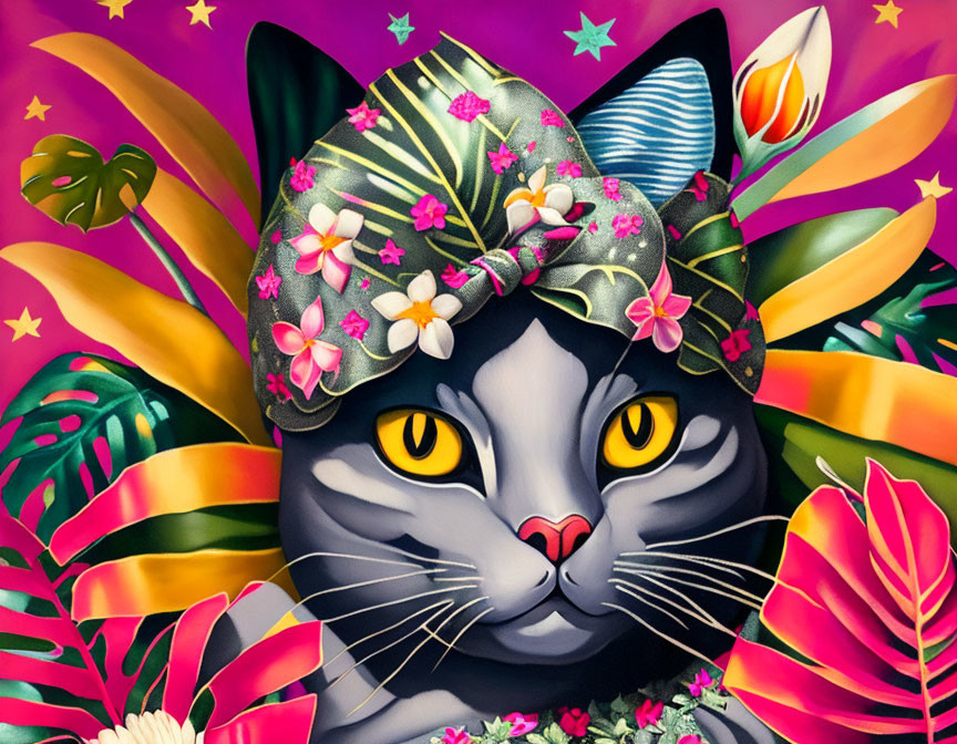 Colorful Artwork: Stylized Cat with Grey Fur and Floral Bandana amid Tropical Plants