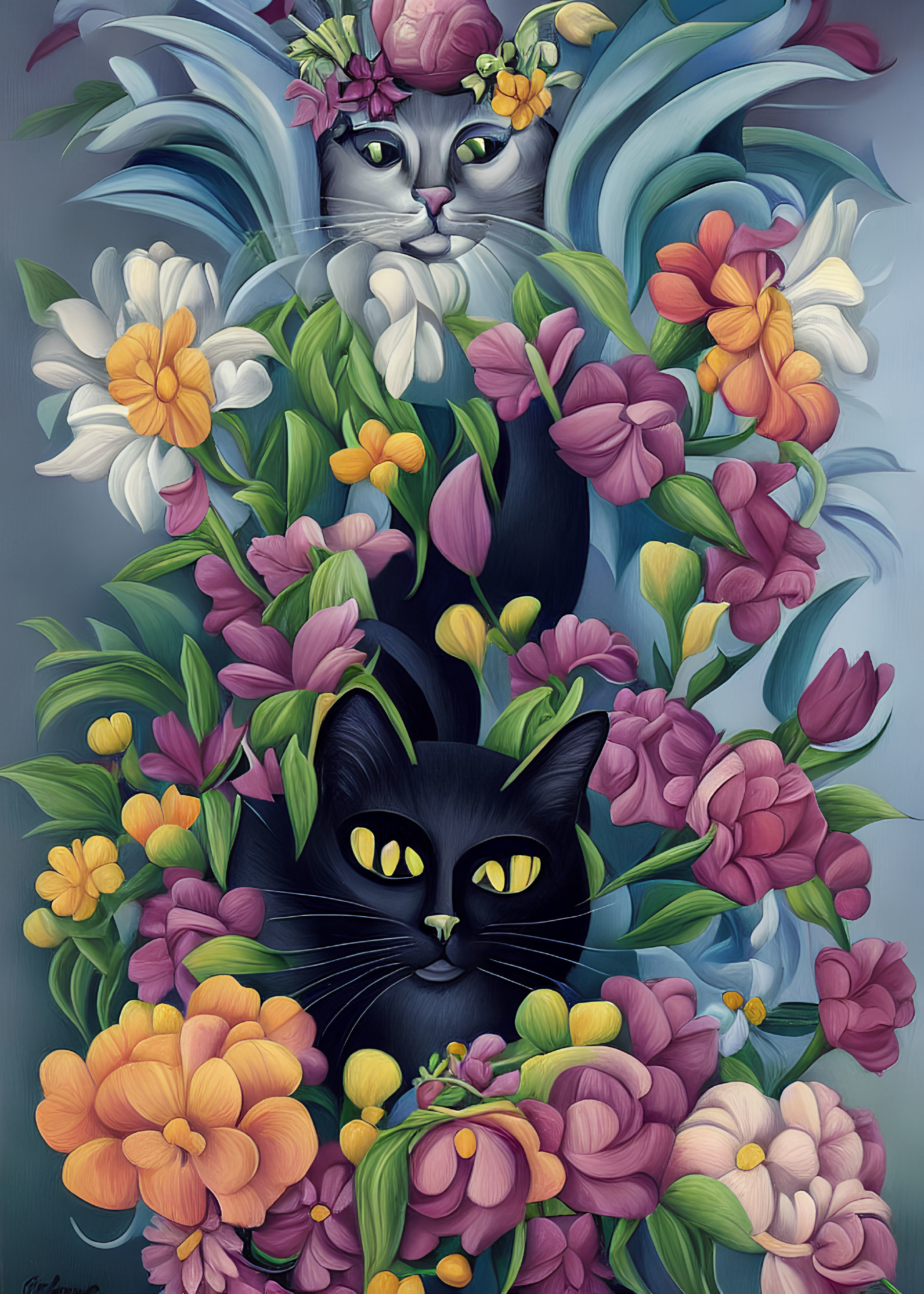 Vibrant illustration of two cats amidst colorful flowers