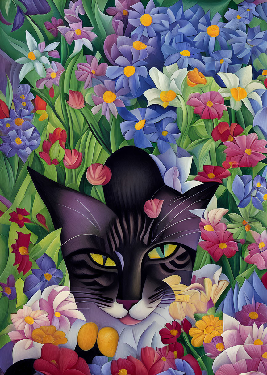 Colorful Floral Background with Black and White Cat and Yellow Eyes