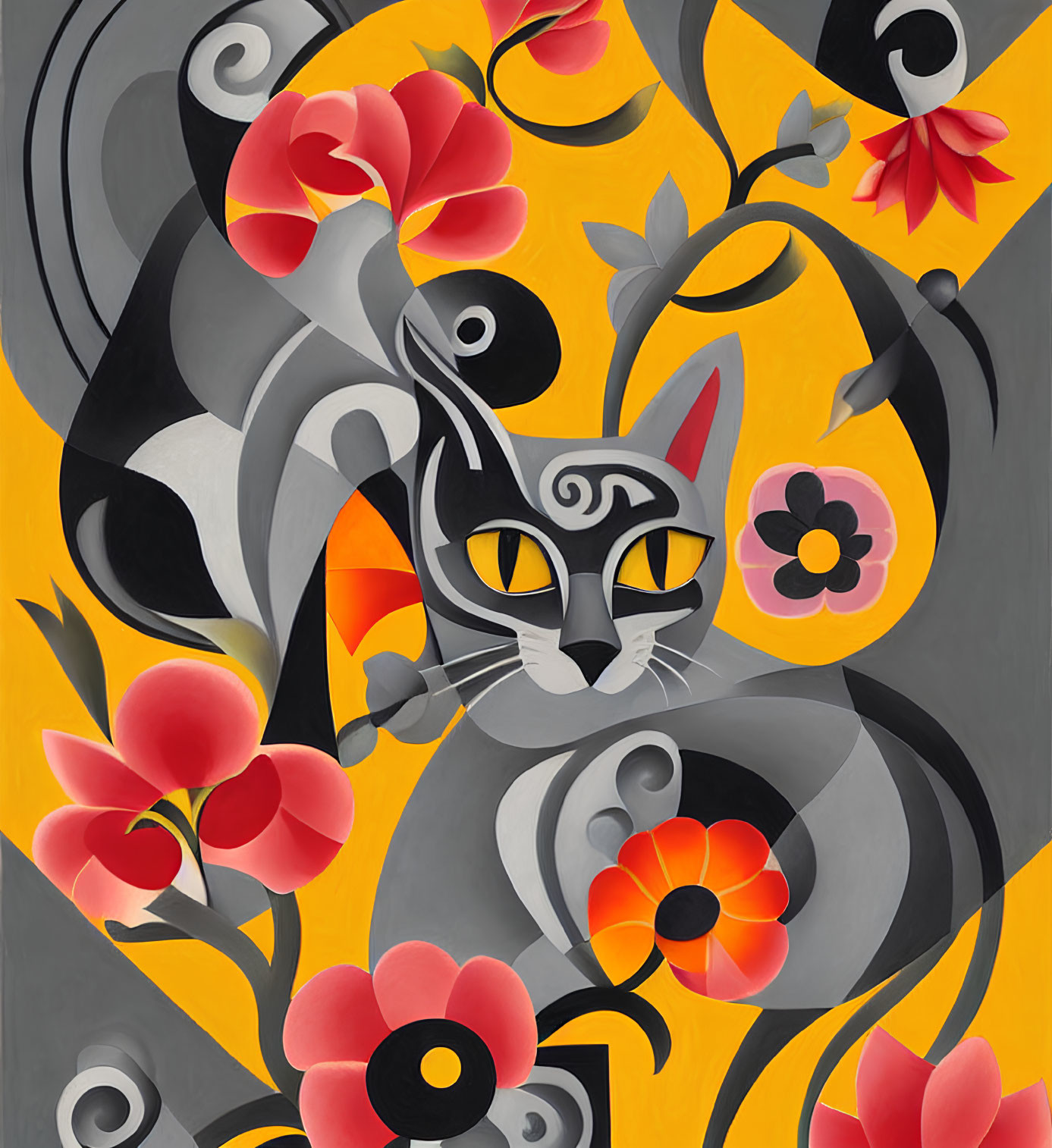 Stylized black and white cat with red flowers on yellow background