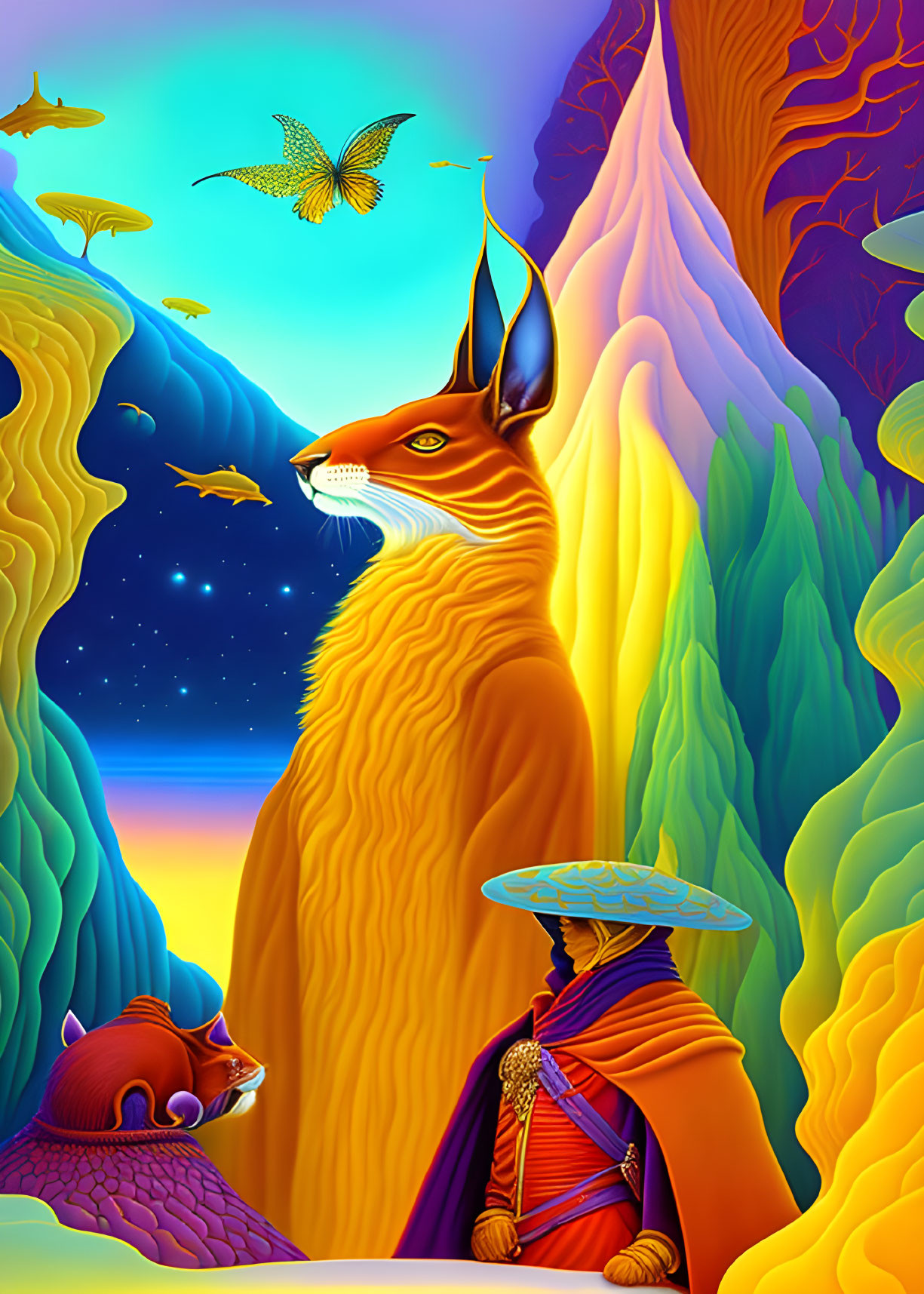 Vibrant surreal illustration with regal fox, person, bear, and magical elements