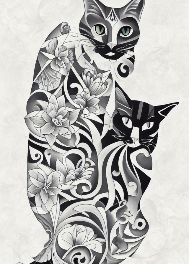 Monochrome cat illustration with floral patterns on textured background