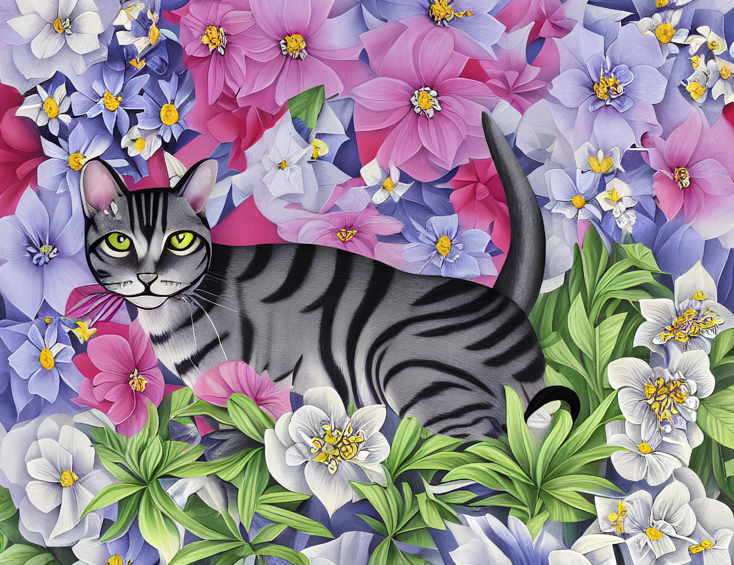 Striped cat surrounded by pink, blue, and white flowers with green foliage