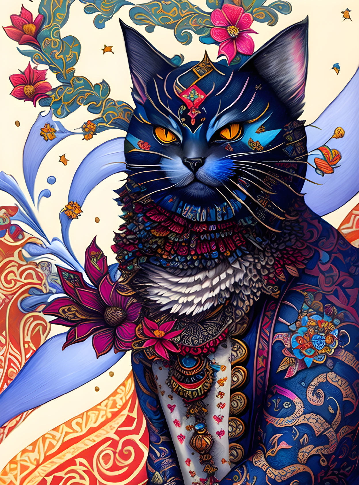 Illustration of Majestic Blue Cat with Intricate Patterns and Flowers