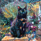 Two Black Cats Surrounded by Colorful Flowers and Green Foliage