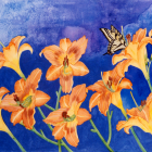 Colorful digital artwork: Yellow iris flowers and butterflies against blue sky