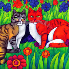 Stylized spotted and striped cats in colorful garden with vibrant flowers