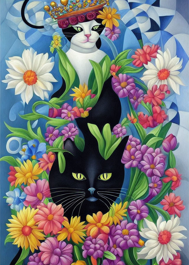 Whimsical black and white cat with crown among vibrant flowers on blue checkered backdrop