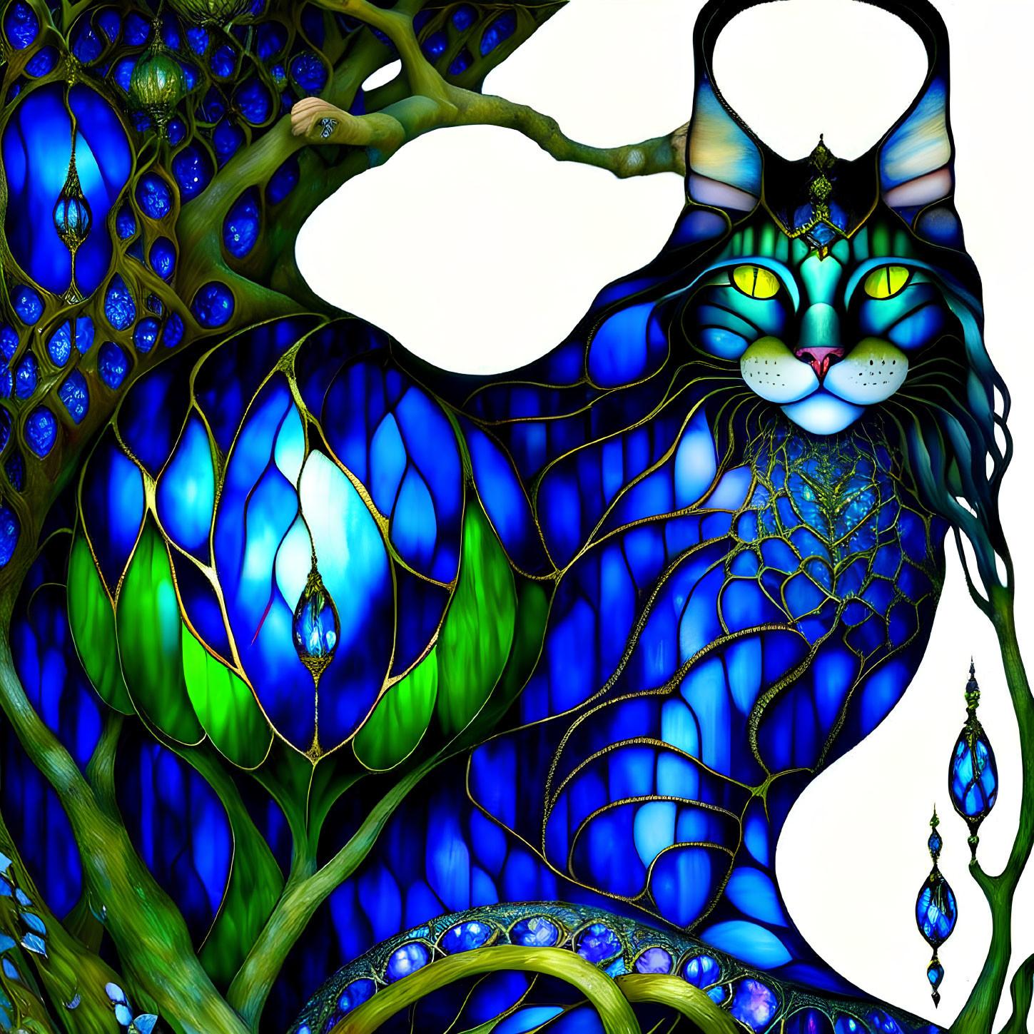 Colorful Digital Artwork: Stylized Cat with Green Eyes in Blue and Peacock Feather Patterns