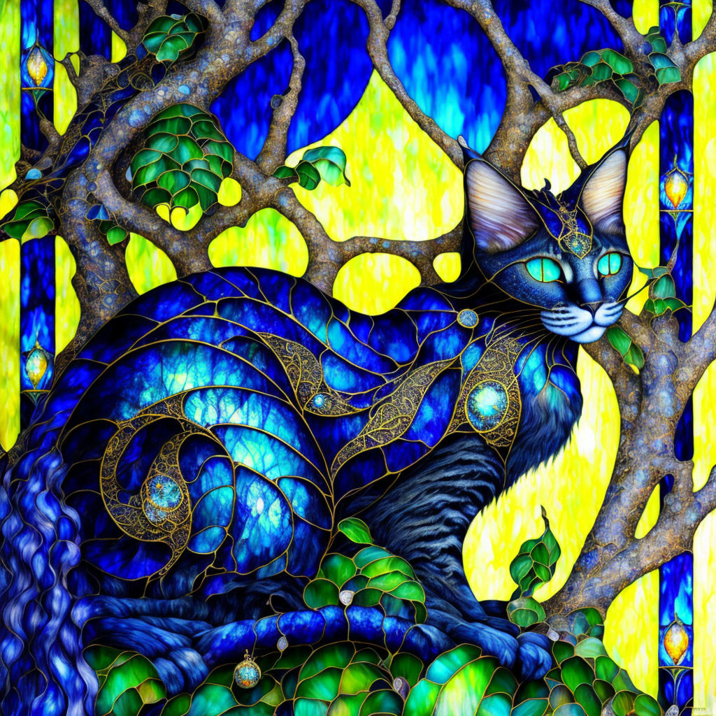 Colorful Digital Art: Stylized Cat with Blue and Black Fur in Tree Against Stained-G