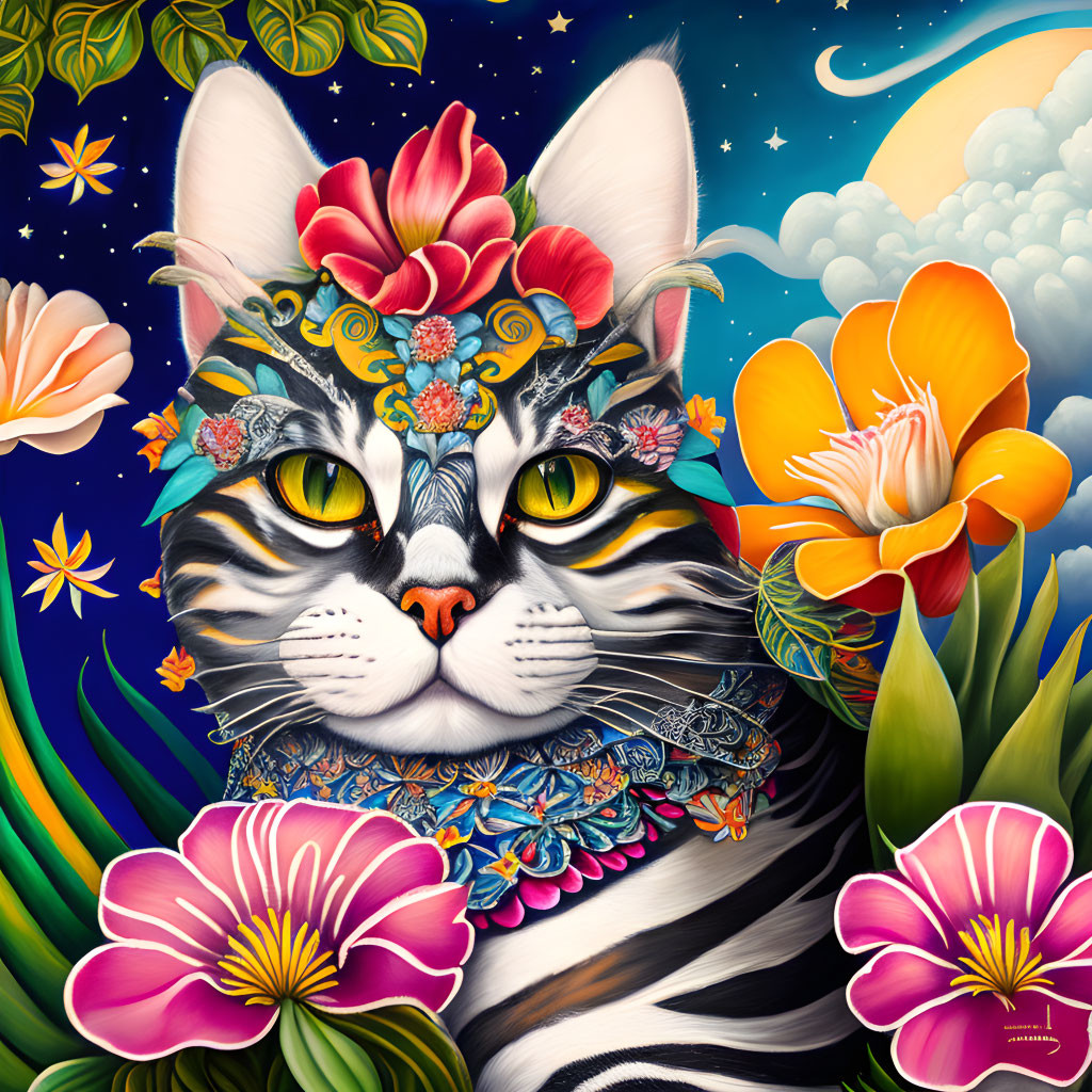 Colorful cat illustration with floral pattern, vibrant flowers, night sky, stars, crescent moon