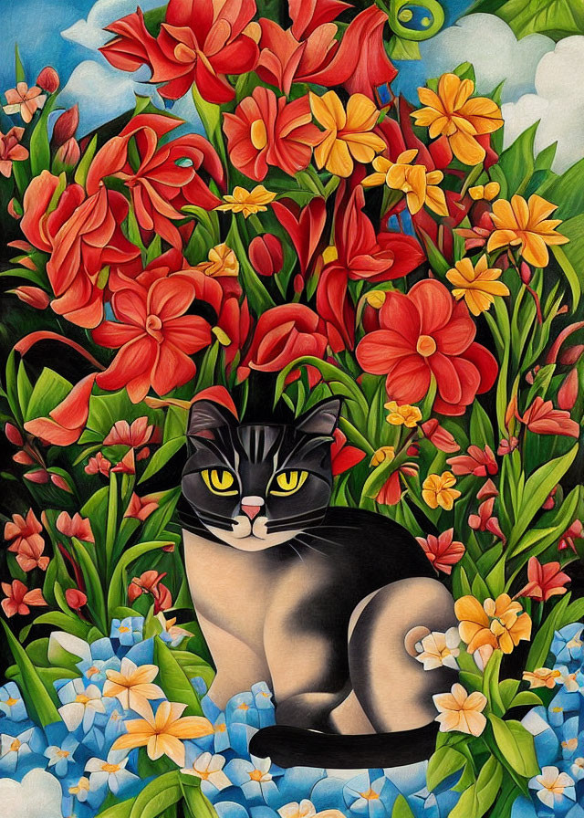 Colorful illustration of a cat in vibrant garden with flowers