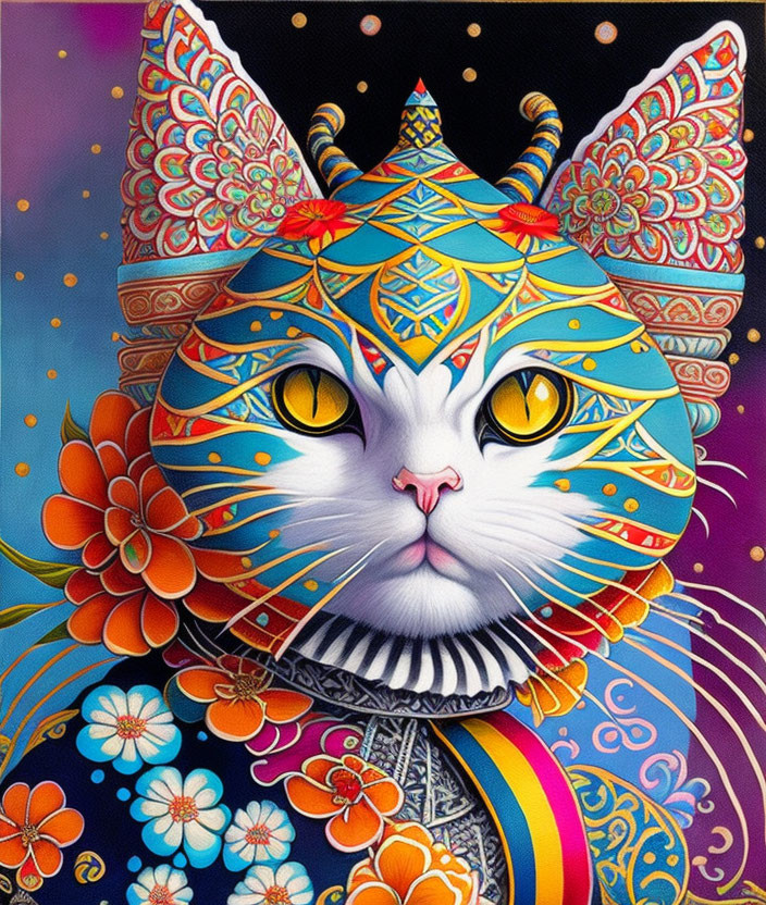 Colorful Cat Artwork with Orange Flowers on Purple Background