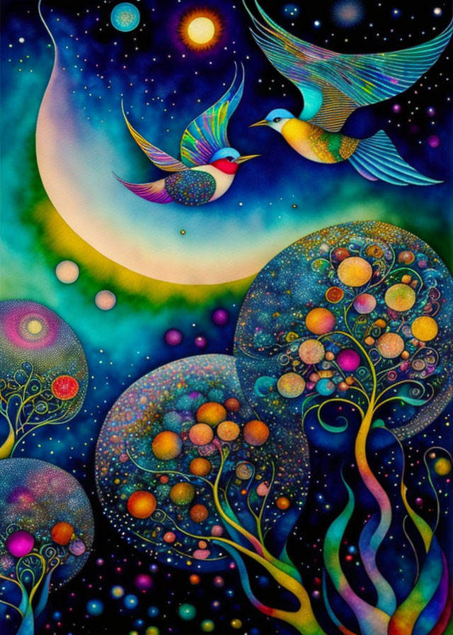 Colorful Moon, Birds, and Trees in Cosmic Artwork