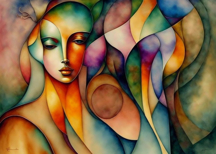 Vibrant abstract painting of stylized female form