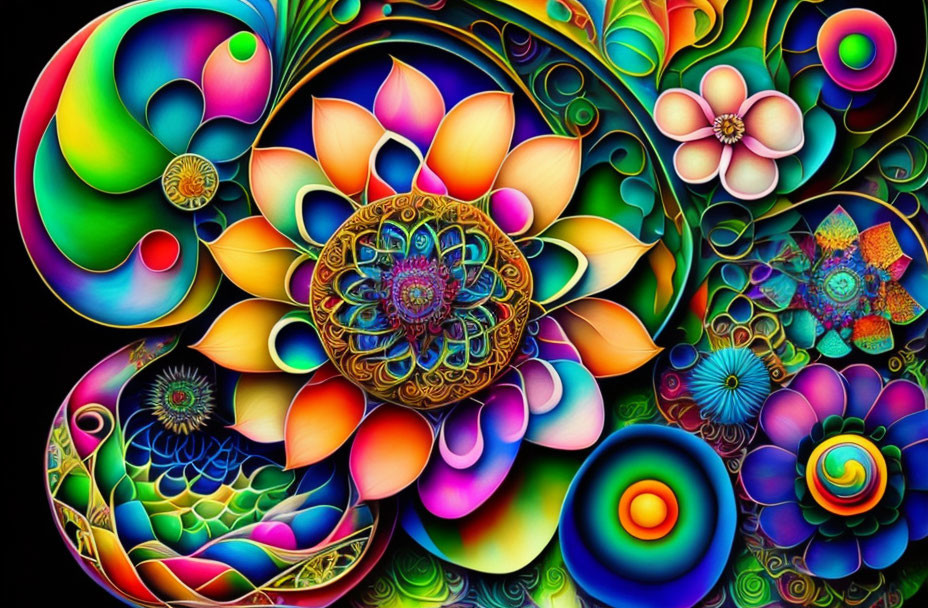 Colorful Psychedelic Digital Art with Swirls and Mandalas