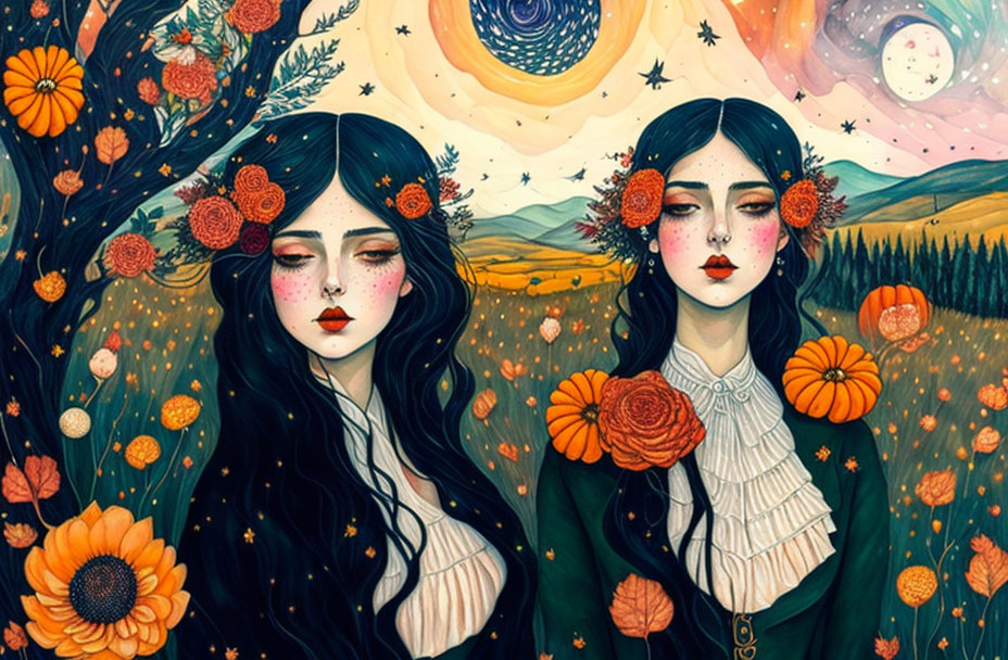 Twin girls with black hair in flower crowns in whimsical floral setting