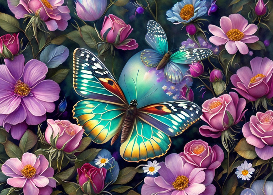 Colorful Butterfly Among Purple and Pink Flowers in Dreamy Scene