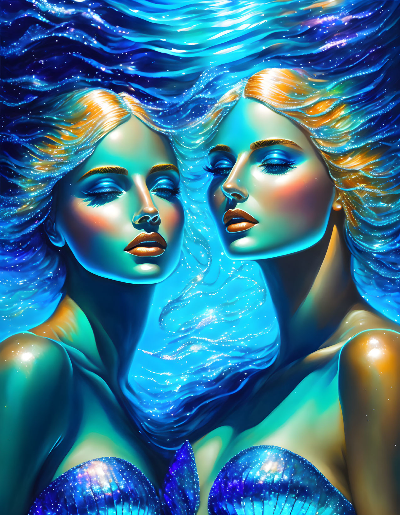 Ethereal women with blue hair in underwater setting