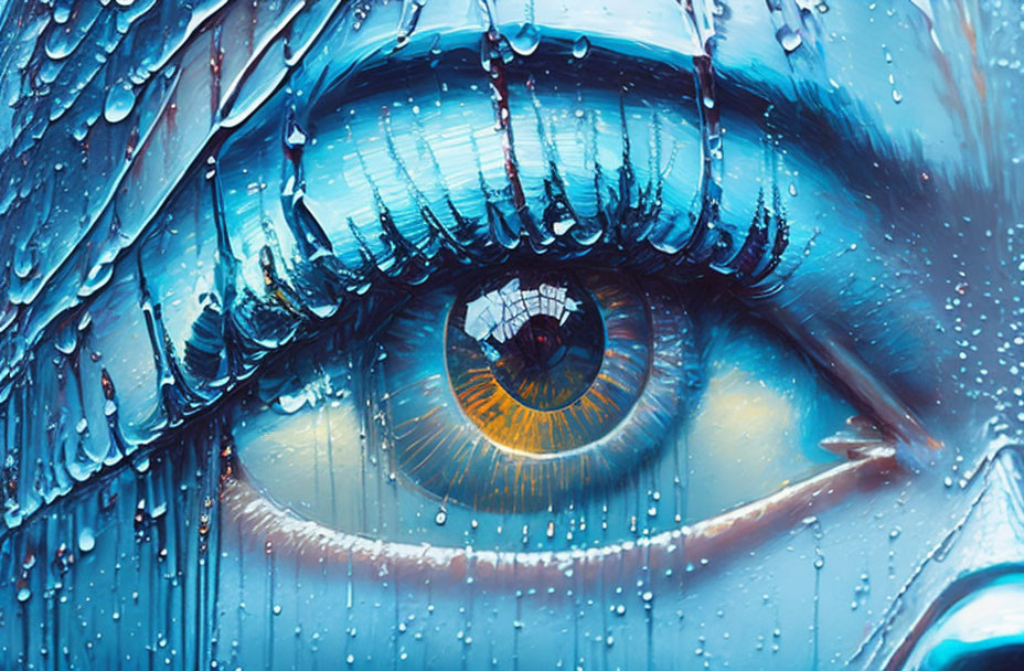 Vividly colored eye with elaborate makeup and raindrops for artistic theme