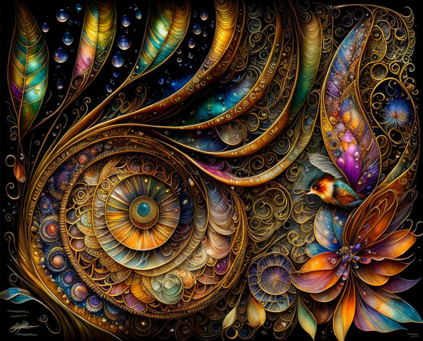 Colorful digital artwork with swirling patterns, feathers, celestial bodies, and a vibrant butterfly.