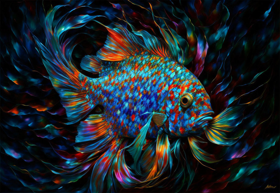 Colorful Betta Fish Painting with Intricate Details and Flowing Fins