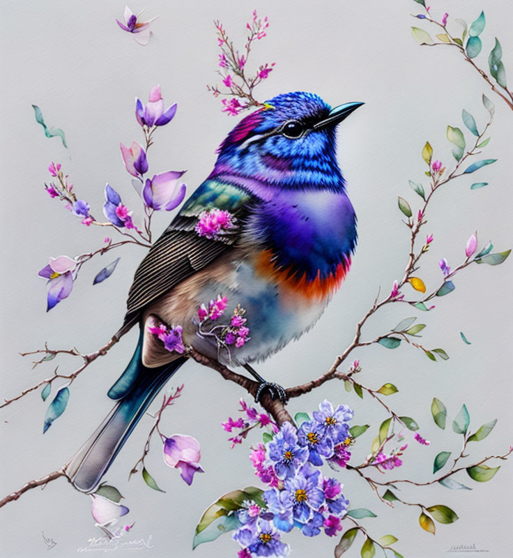 Colorful bird on branch with pink and purple blossoms and delicate leaves