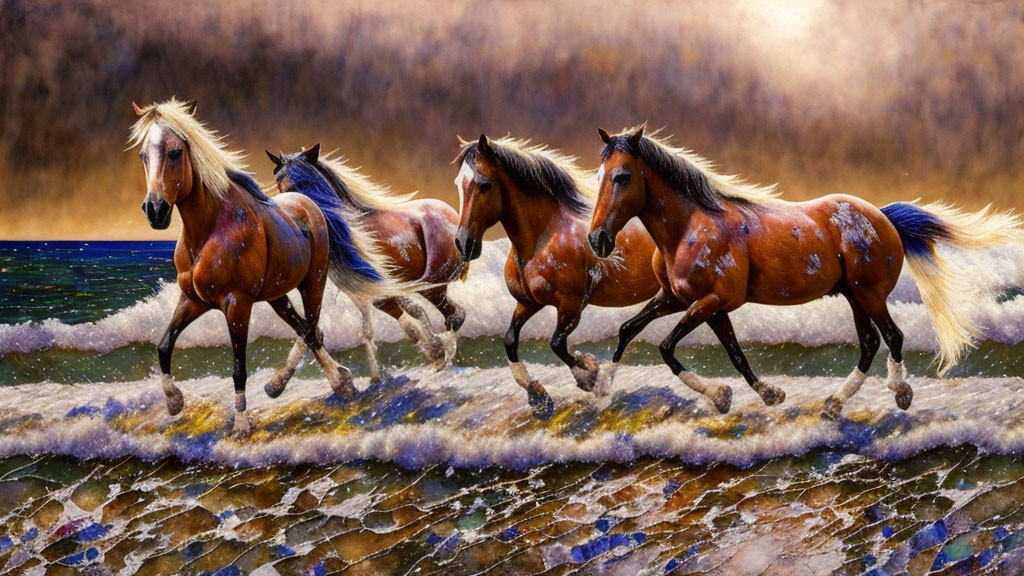 Four Galloping Horses in Water with Splashes and Hazy Background