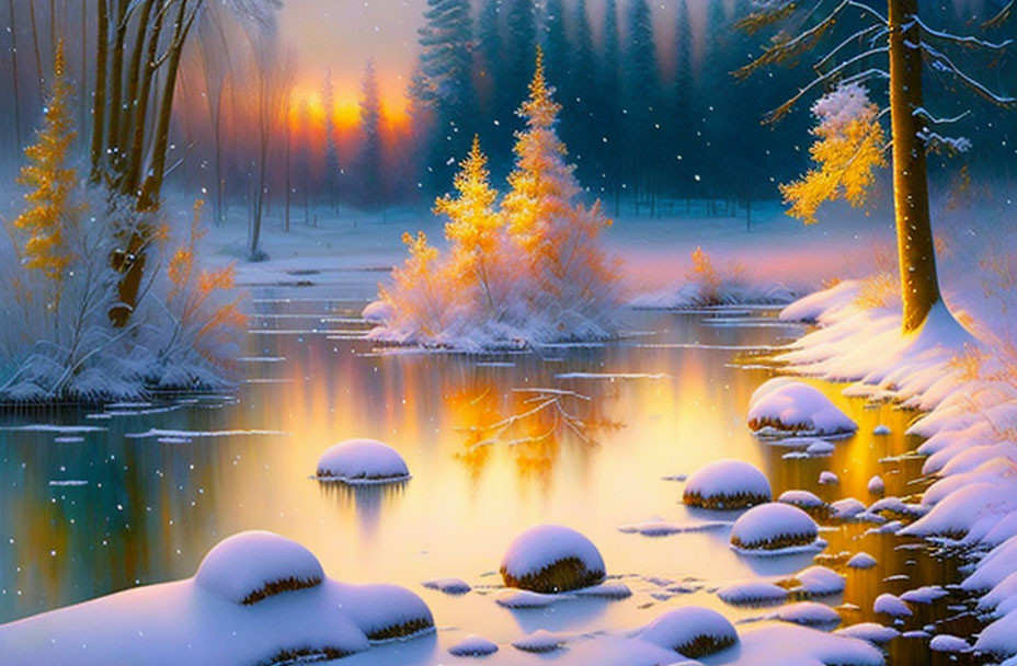 Snow-covered Winter Landscape with River and Sunlit Trees