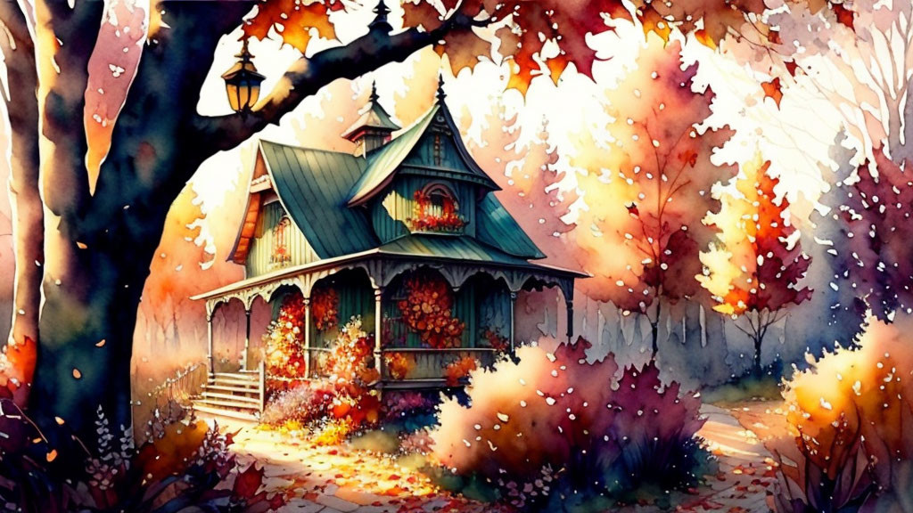 Illustration of quaint house in autumnal setting