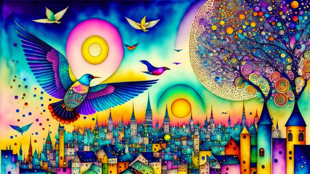 Whimsical cityscape with birds, sun, tree, and stars