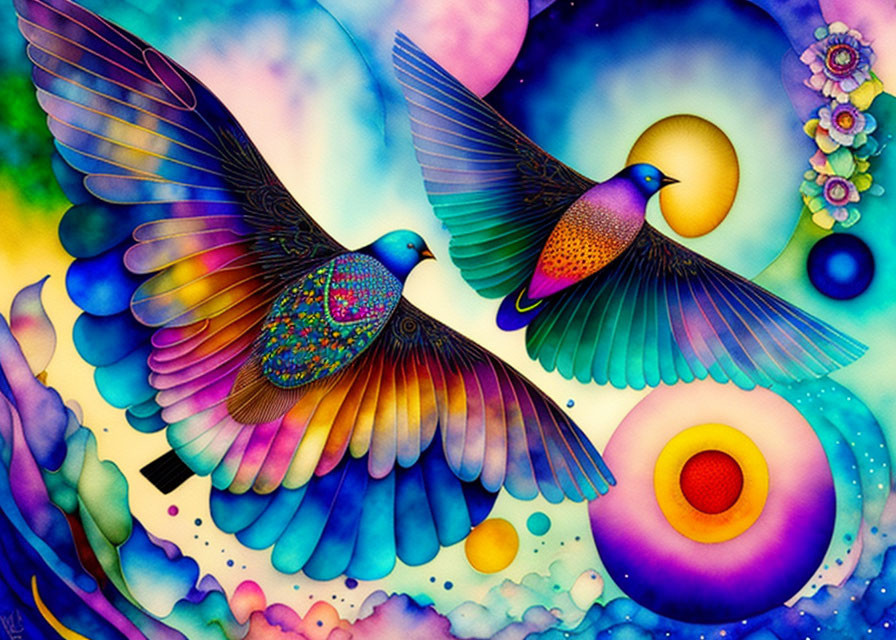 Colorful stylized birds in flight on psychedelic backdrop with floral motifs