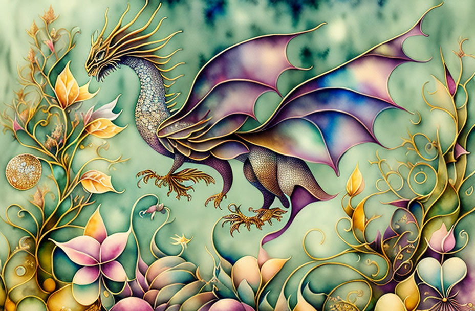 Detailed mythical dragon illustration with elaborate wings in colorful flora backdrop