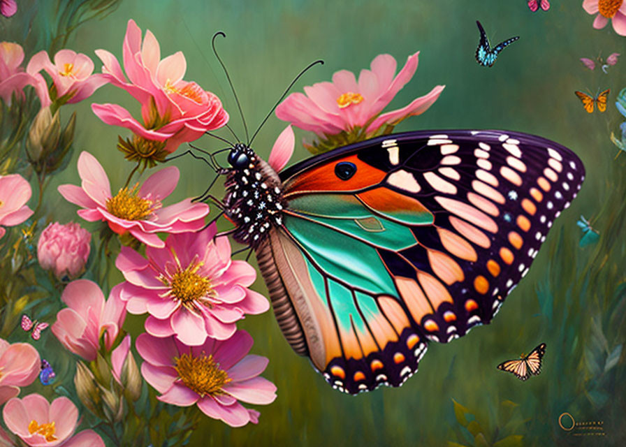 Colorful Butterfly Painting with Detailed Wings on Pink Flowers