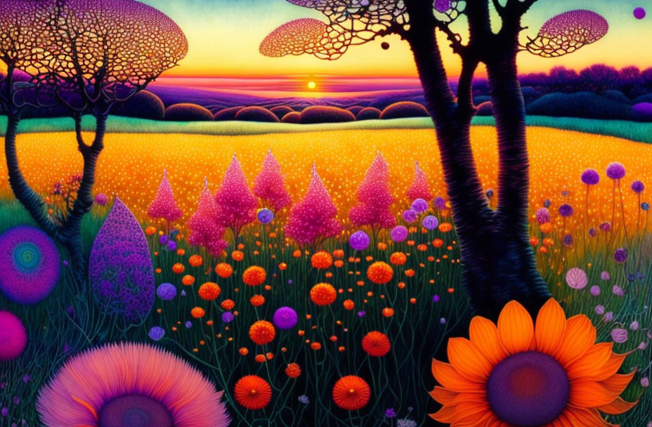 Colorful Fantasy Landscape Painting with Whimsical Trees and Sunset