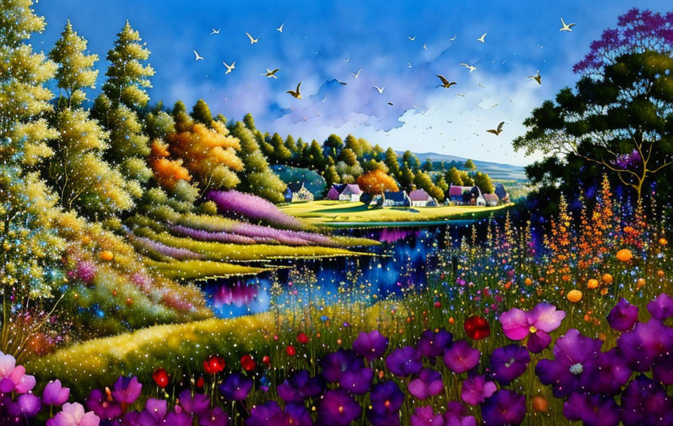 Colorful countryside landscape with river, flowers, trees, birds, and houses.