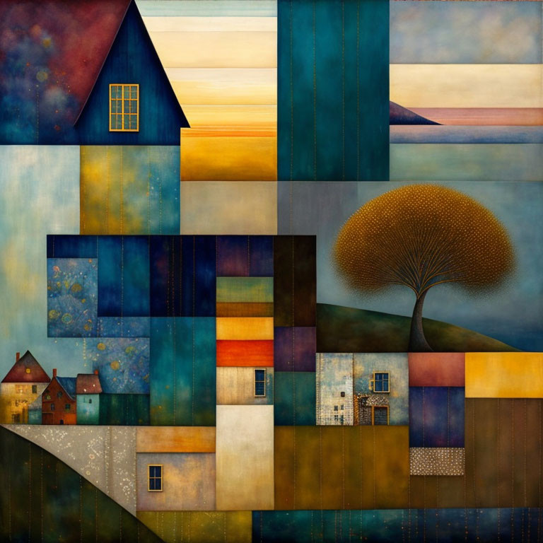 Abstract geometric painting with tree, houses & colorful patterns depicting twilight landscape