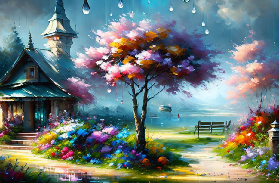 Colorful fantasy landscape with tree, cottage, boat, and oversized raindrops