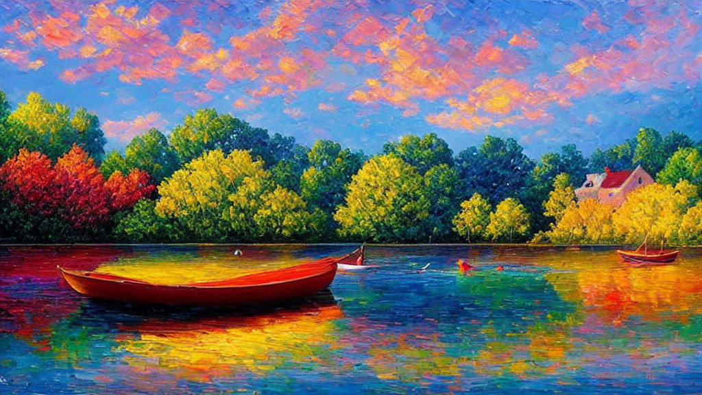 Vibrant sunset painting of boats, trees, and sky on water