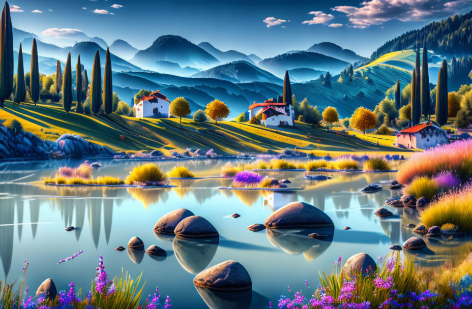 Tranquil landscape with lake, wildflowers, and rolling hills