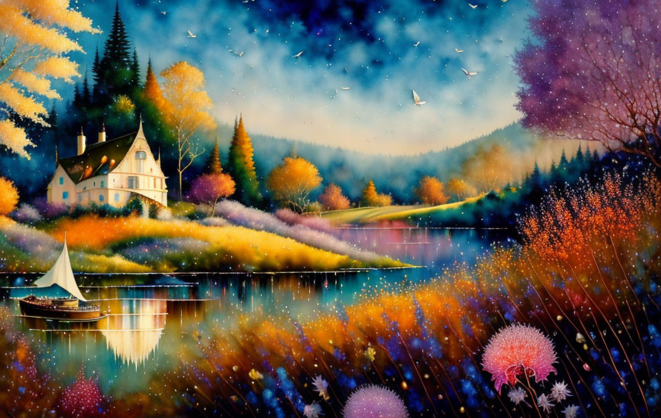 Colorful lakeside cottage painting with trees, boat, flowers, and birds at twilight